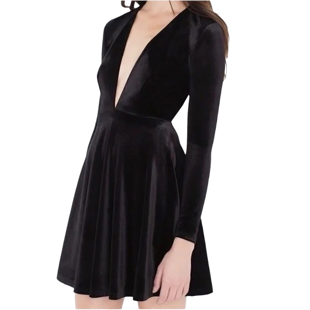 AMERICAN APPAREL Y2K Black Velvet Deep V Neck Skater Mini Dress Med Indie Sleaze